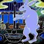 玉兔搗薬：中国神話では月にいる兎はもともとは薬を搗いていたというお話。